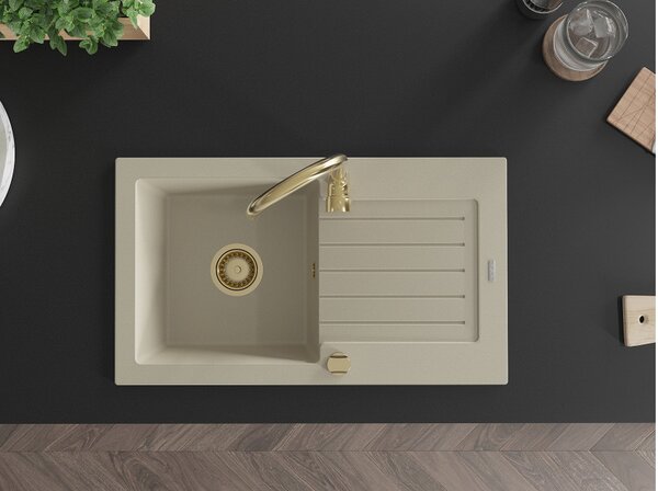 Mexen Pablo lavello in granito a 1 vasca con scolapiatti e rubinetto da cucina Telma, beige - 6510-69-670200-50