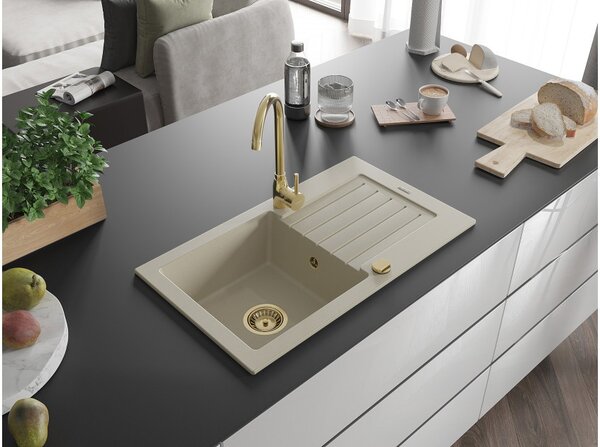 Mexen Pablo lavello in granito a 1 vasca con scolapiatti e rubinetto da cucina Telma, beige - 6510-69-670200-50