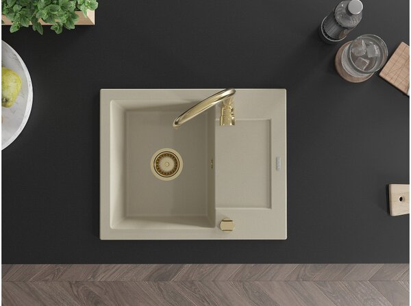 Mexen Enzo lavello da cucina in granito, 1 vasca con gocciolatoio e miscelatore Telma, beige - 6506-69-670200-50