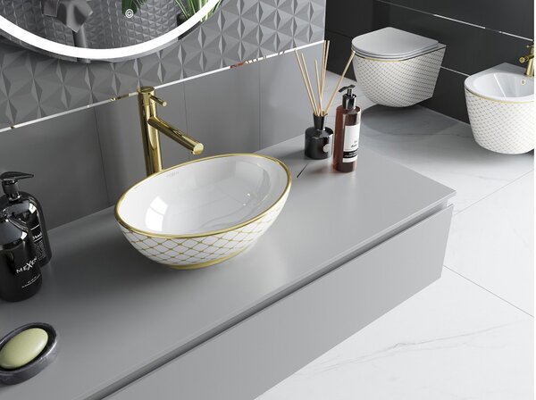 Mexen Elza lavandino da appoggio 40 x 33 cm, bianco/oro motivo griglia - 21014009