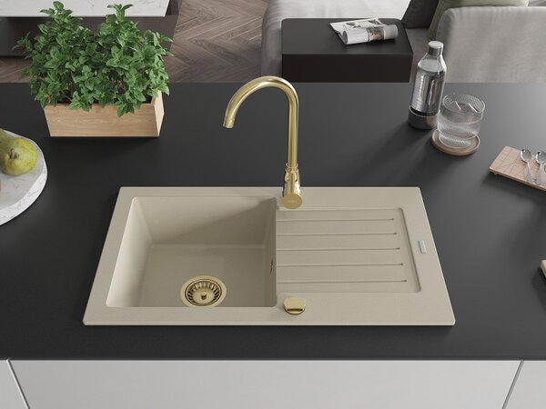 Mexen Pablo lavello in granito a 1 vasca con scolapiatti e rubinetto da cucina Telma, beige - 6510-69-670200-50