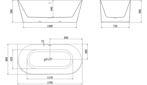 Mexen Oval Slim vasca da bagno freestanding a parete 170 x 80 cm, bianca, troppopieno oro spazzolato - 52661708000-55