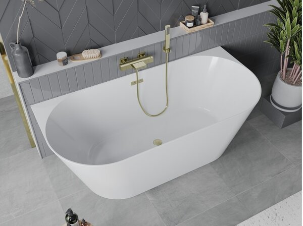 Mexen Oval Slim vasca da bagno freestanding a parete 170 x 80 cm, bianca, troppopieno oro spazzolato - 52661708000-55