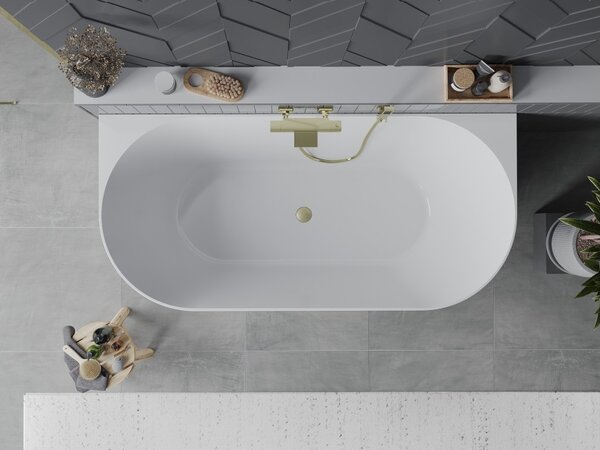 Mexen Oval Slim vasca da bagno freestanding a parete 170 x 80 cm, bianca, troppopieno oro spazzolato - 52661708000-55