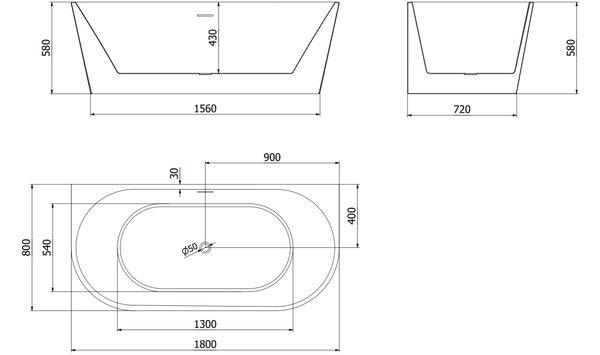 Mexen Oval vasca da bagno autoportante adiacente alla parete 180 x 80 cm, bianca, tracimazione nera - 52671808000-70