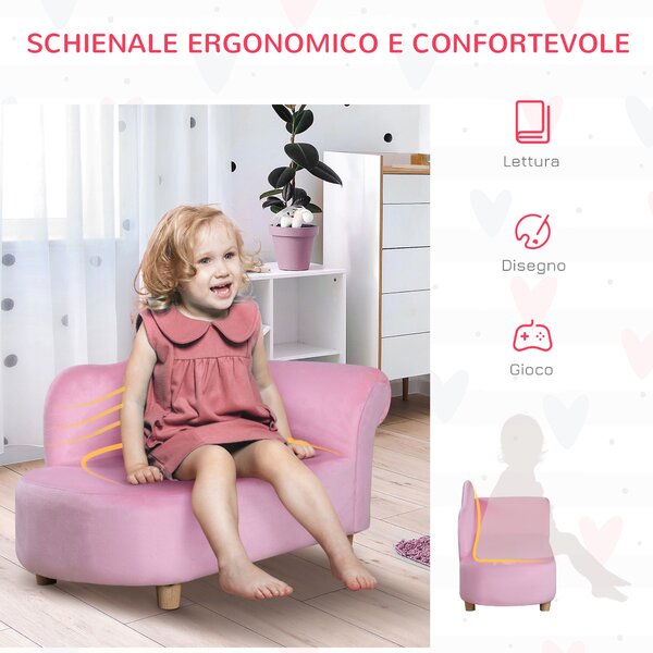 HOMCOM Divano per Bambini Imbottito con Rivestimento Morbido e Piedini in Legno, 80x40x49cm, Rosa|Aosom