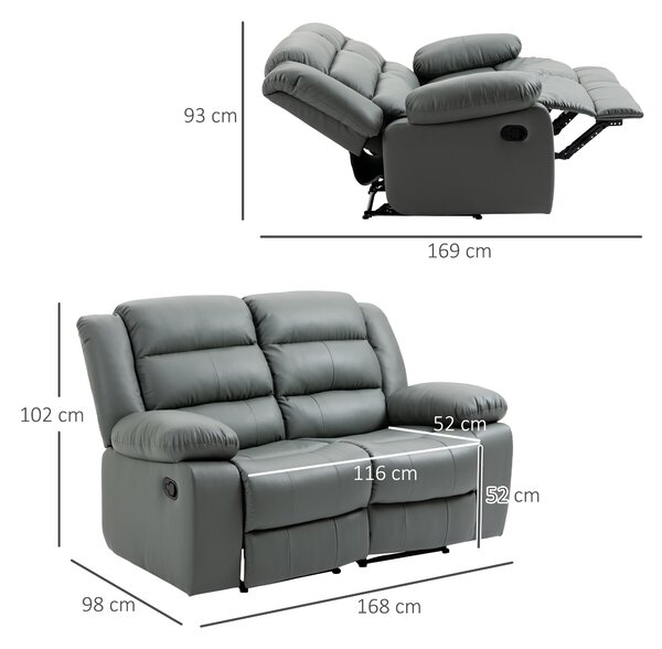 HOMCOM Divano 2 Posti Reclinabile di 135° e Imbottito con Schienale Diviso e Poggiapiedi Incluso, in Pelle PVC e Acciaio, 168x93x102 cm, Grigio|Aosom