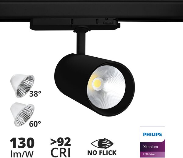 Faro LED 42W per Binario Trifase, 38° + 60° Nero, PHILIPX Xitanium CRI92 Colore Bianco Naturale 4.000K