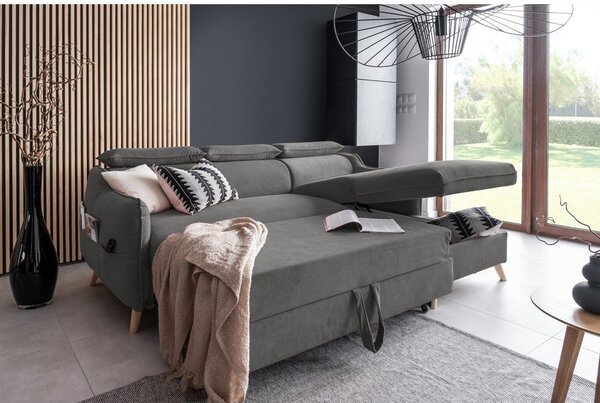 Divano letto angolare in velluto grigio scuro (angolo destro) Sweet Harmony - Miuform
