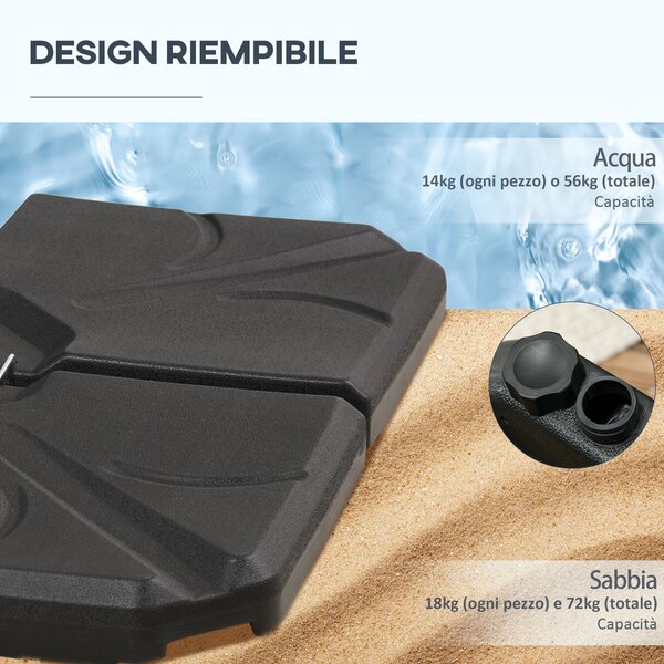 Outsunny Base per Ombrellone in HDPE da 4 Pezzi, Riempibili con Acqua e Sabbia max 18kg, 103x103x8.3 cm, Nero|Aosom