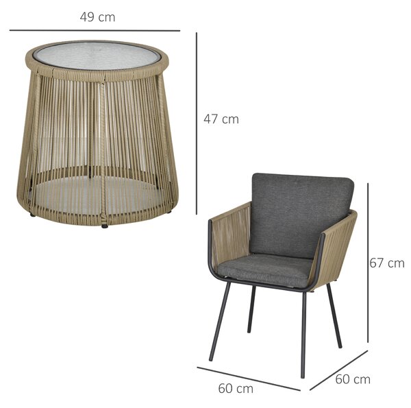 Outsunny Set con Tavolino e Sedie da Giardino da 3 Pezzi, Sedie in Rattan per Esterni, Cachi e Grigio|Aosom