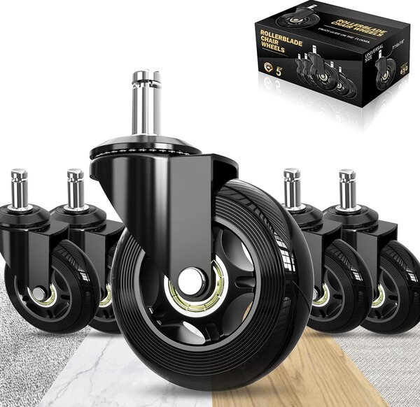 Rotelle per sedie da ufficio, 11 mm, confezione da 5 pezzi, in gomma, colore nero, antigraffio, silenziose