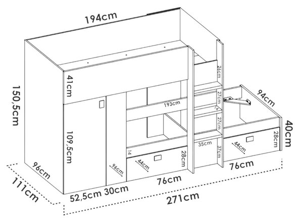 Composizione camera da letto Araba, 271x111h150 cm, Bianco e Antracite