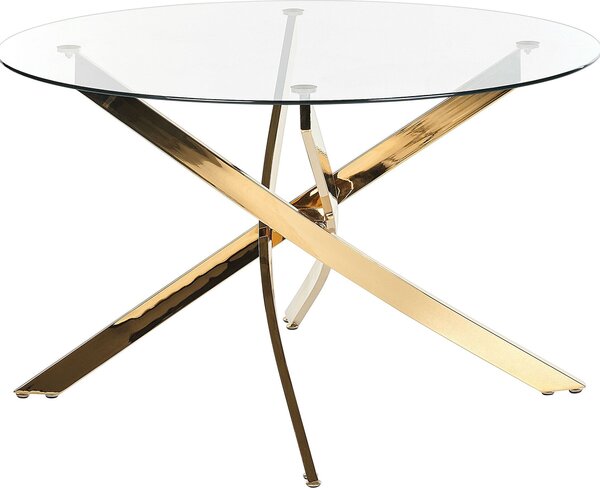 BELIANI - Tavolo da pranzo trasparente in vetro di sicurezza e ferro, 120 cm, con struttura in metallo dorato. Design moderno e glamour, ideale per l'arredamento della sala da pranzo