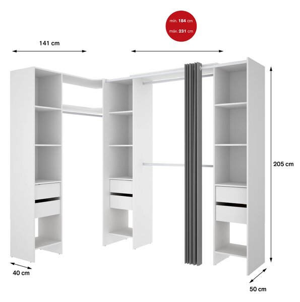 Cabina armadio ad angolo con cassetti bianca 234x205h cm - Alanno