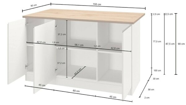 Isola cucina salvaspazio con ripiani 155x90x90h cm bianca lucida e rovere - Tartaro