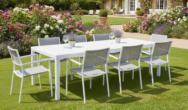 Tavolo da giardino allungabile 8-10 posti 150/220x90cm effetto rattan bianco - Abbaviva
