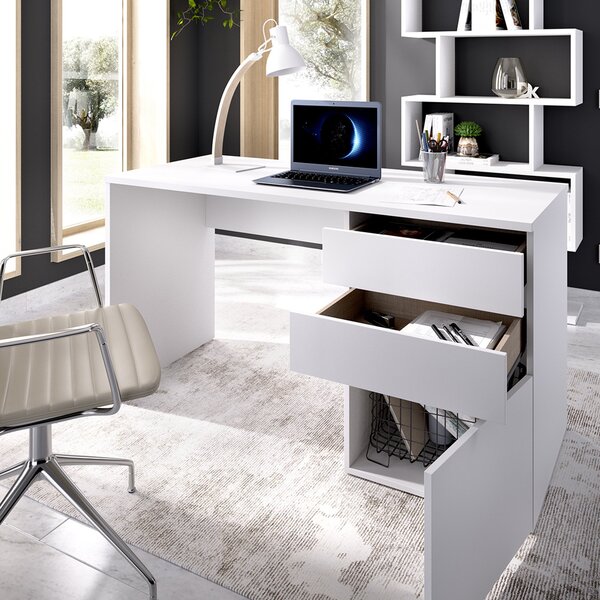 Scrivania lineare bianca lucida 139x60cm con 2 cassetti - Ardina