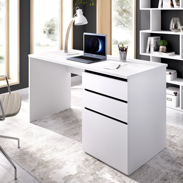 Scrivania lineare bianca lucida 139x60cm con 2 cassetti - Ardina