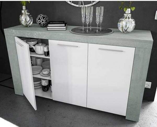 Credenza cemento e bianca porta bicchieri 144x42x80h cm 3 ante - Amaculi