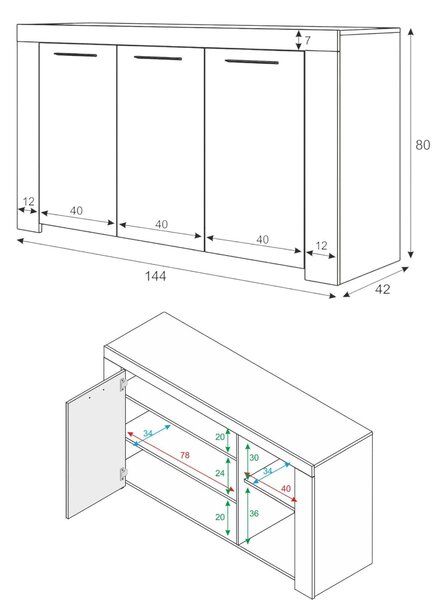 Credenza bianca 144x42x80h cm 3 ante - Amaculi