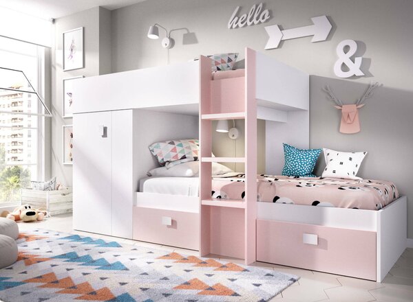 Composizione camera da letto Araba, 271x111h150 cm, Bianco e Rosa