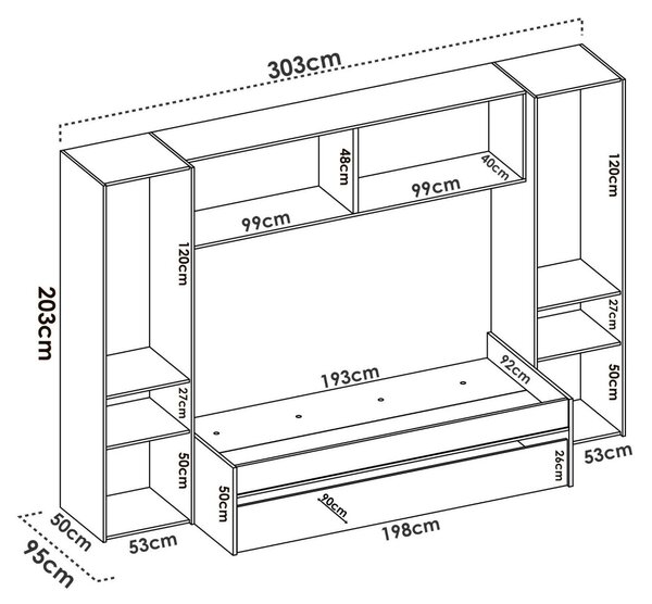 Composizione camera da letto Giustizia, 303x97h203 cm, Rovere e Bianco