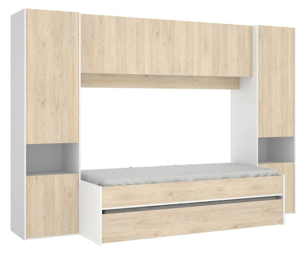 Composizione camera da letto Giustizia, 303x97h203 cm, Rovere e Bianco