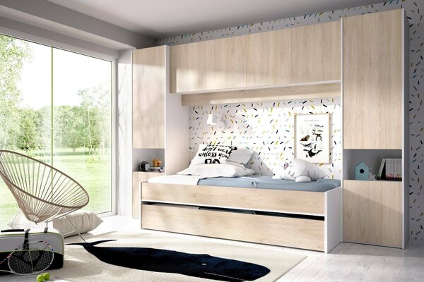 Composizione camera da letto Giustizia, 303x97h203 cm, Rovere e Bianco