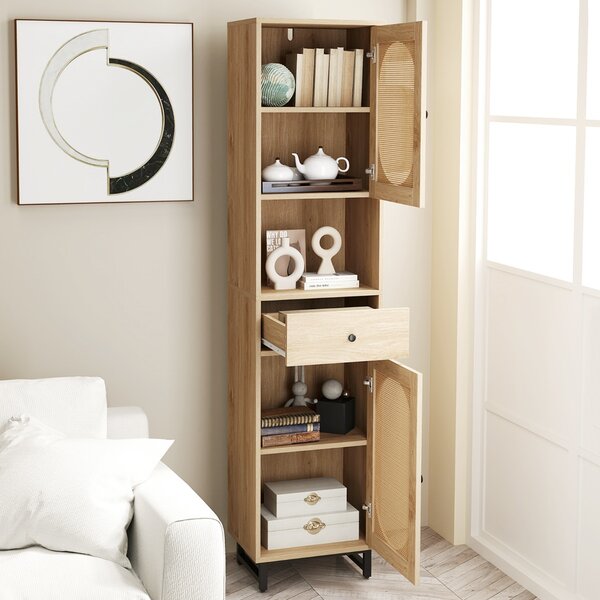 Costway Armadio da bagno stretto e alto da 170cm, Armadio in rattan autonomo con porte ripiani regolabili e cassetto Naturale