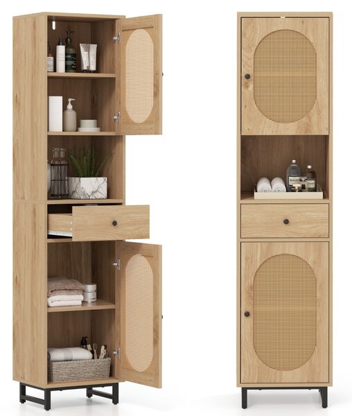 Costway Armadio da bagno stretto e alto da 170cm, Armadio in rattan autonomo con porte ripiani regolabili e cassetto Naturale