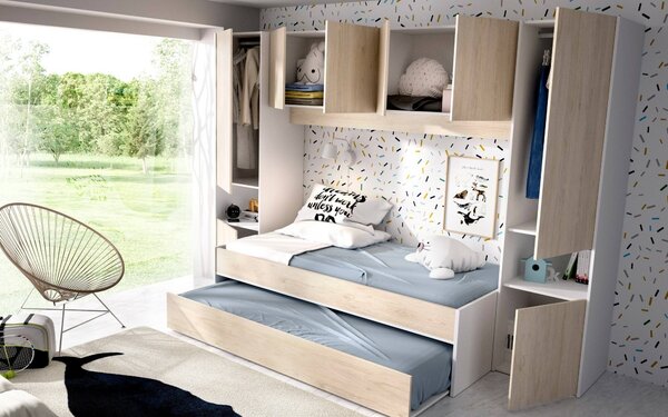 Composizione camera da letto Giustizia, 303x97h203 cm, Rovere e Bianco