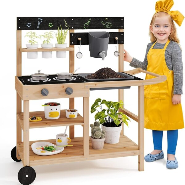Costway Cucina da giardino con ruote per bambini 3+ anni, Cucina da gioco in legno di abete con lavagna Naturale