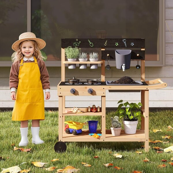 Costway Cucina da giardino con ruote per bambini 3+ anni, Cucina da gioco in legno di abete con lavagna Naturale