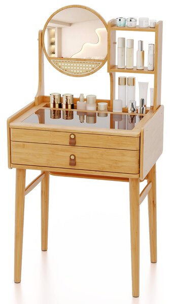 Costway Scrivania vanity piccola con ripiani aperto e piano in vetro, Tavolo in bambù per spazi piccoli Naturale