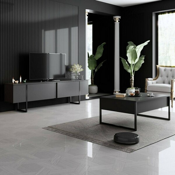Mobile Porta tv Nero Antracite Nero Cassetti un Ripiano 180x30x50h cm, 2 Ante - Abishia