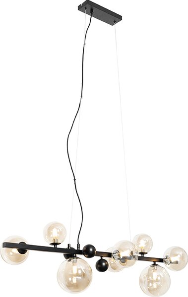QAZQA - Art Deco Lampada a sospensione Art Deco I Lampada a sospensione I Lampada a sospensione nera con vetro marrone a 8 luci - David I Soggiorno I Camera da letto - Acciaio, forma allungata - Compatibile con LED G9