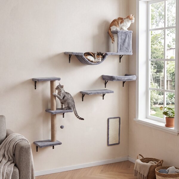 Costway Mensole da parete per gatti con tiragraffi a 3 piani ponte tappetino in sisal e pompon sospeso, Mensole per arrampicata e salto
