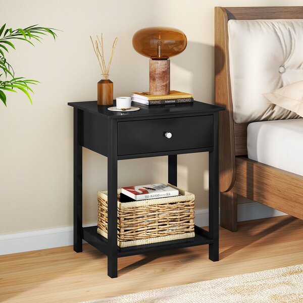 Costway Set di 2 comodino in legno con cassetto e scaffale aperto, Tavolino compatto per soggiorno con spazio di archiviazione Nero