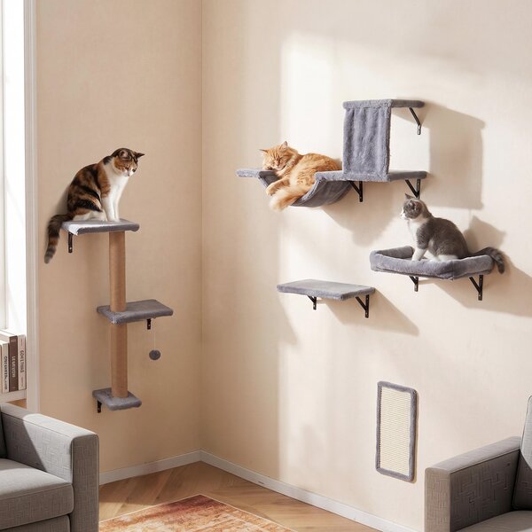 Costway Mensole da parete per gatti con tiragraffi a 3 piani ponte tappetino in sisal e pompon sospeso, Mensole per arrampicata e salto
