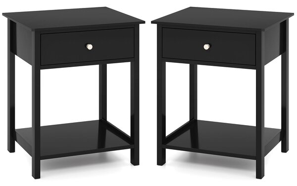 Costway Set di 2 comodino in legno con cassetto e scaffale aperto, Tavolino compatto per soggiorno con spazio di archiviazione Nero