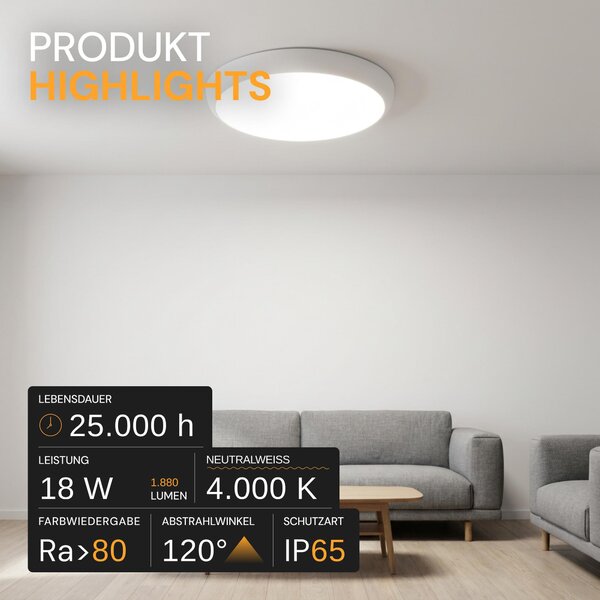 ENOVALITE Plafoniera LED, sensore, EEK: F, 18W, 1880lm, 4000K, Ø250mm