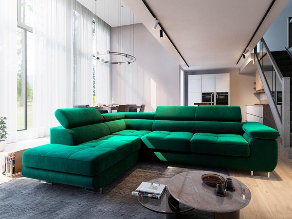 Divano angolare Masseno SELVA L-S con funzione letto a L, divano con box letto, divano da soggiorno, divano, divano letto, set di divani - verde, MONOLITH 37