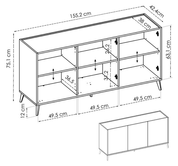 Credenza rovere e antracite 155x43x75h cm 3 ante - Afrodite