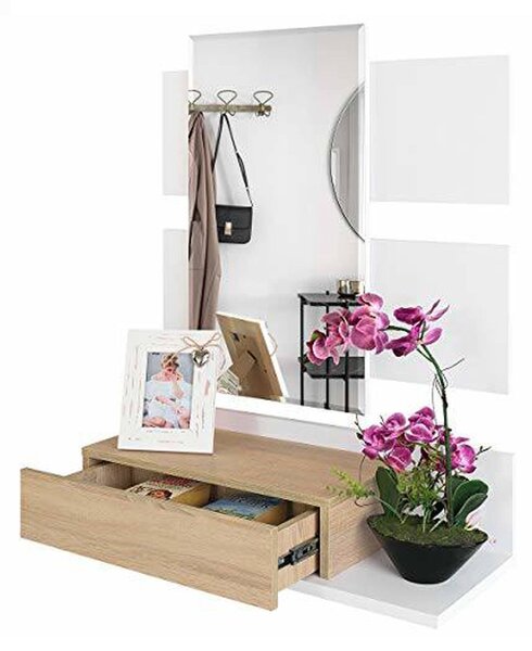 Mobile da ingresso sospeso con cassetto bianco lucido e noce 75x90h cm - Anro
