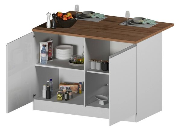 Isola cucina compatta per piccoli spazi 125x90x90h cm bianca lucida e rovere - Analiza