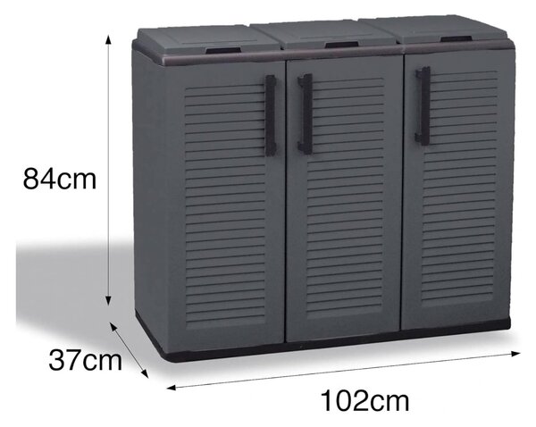 Pattumiera Grigio Nero Capacità 330 (110 per Sacco) 3 Cestini 102x37x84h cm, Colore Struttura Nero Made in Italy - Arko