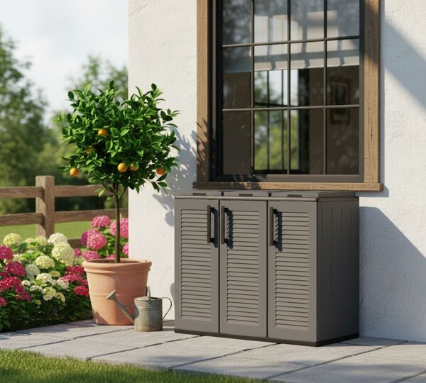 Pattumiera Grigio Nero Capacità 330 (110 per Sacco) 3 Cestini 102x37x84h cm, Colore Struttura Nero Made in Italy - Arko