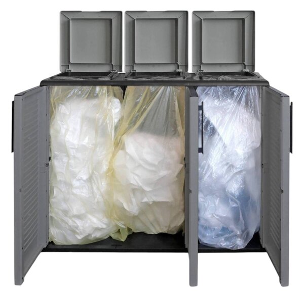 Pattumiera Grigio Nero Capacità 330 (110 per Sacco) 3 Cestini 102x37x84h cm, Colore Struttura Nero Made in Italy - Arko