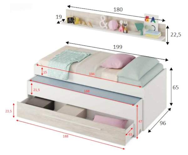 Letto bambini contenitore199x96cm bianco - Art